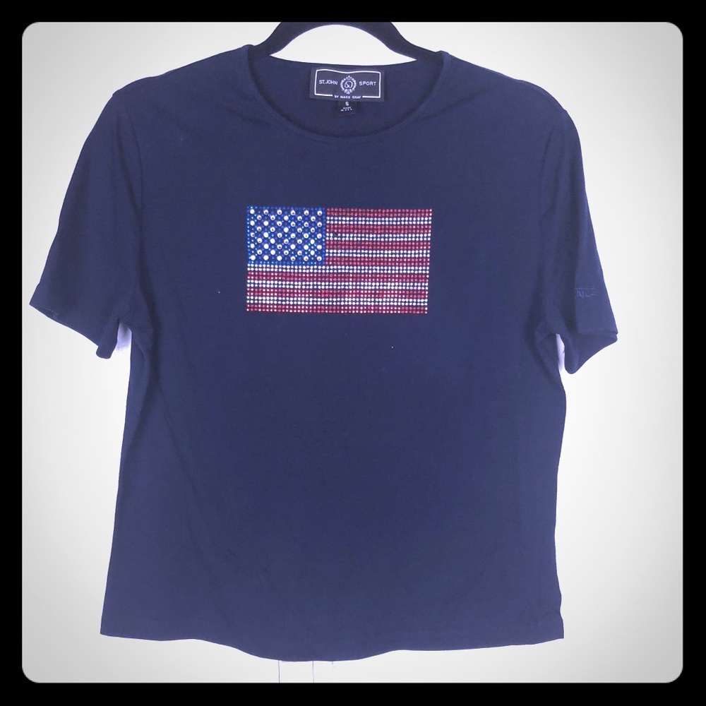 St John Sport Marie Gray Navy Blue Rhinestone American Flag Tee‎ Shirt Small USA